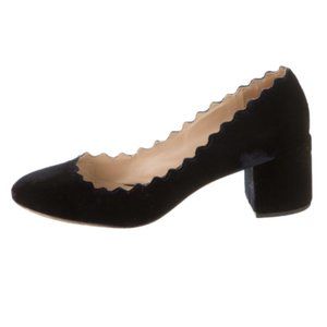 Chloe Lauren Scalloped Velvet Block-Heel Pumps